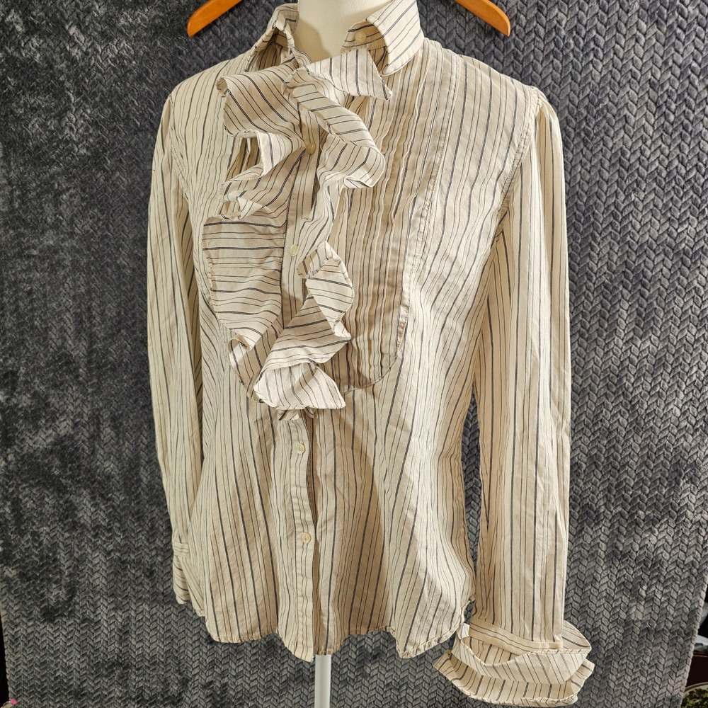 Ralph Lauren Cream and Black Striped Ruffle Button-Down Shirt